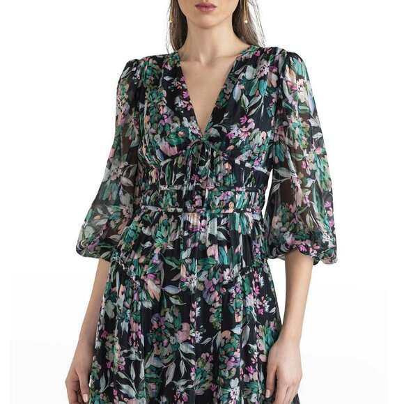 Anthropologie Shoshanna Silk Floral Midi Dress Sheer Puff Sleeve Wedding Guest 8 - Picture 10 of 11
